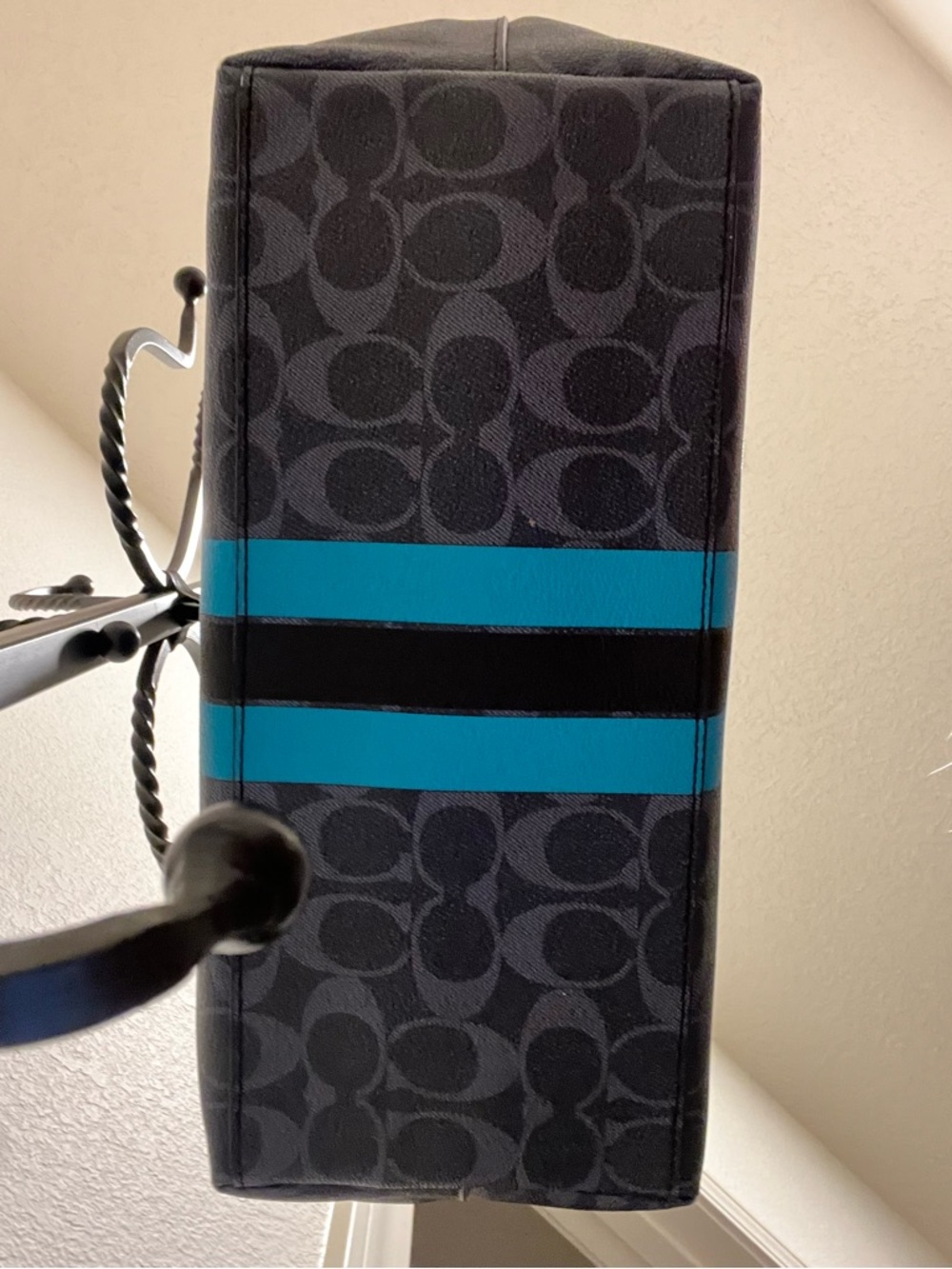 Coach Navy Signature Tote with Teal and Black Racing Stripes - Picture 5 of 15